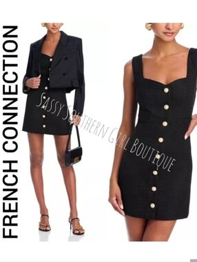 🆕⭐ French Connection Black Tweed Pearl Button Mini Dress